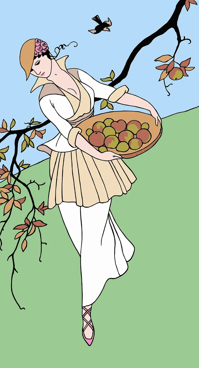 Woman Art deco Apple picking Stickdatei – Essen & Trinken