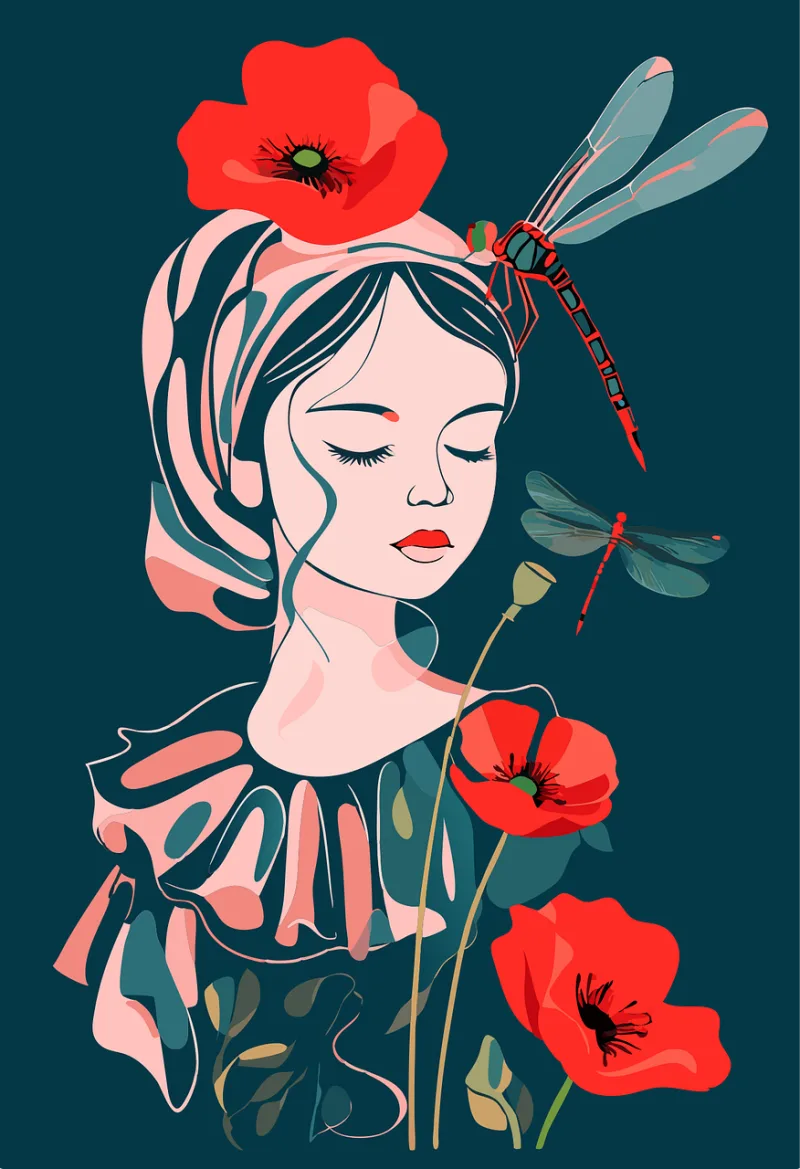 Woman Poppies Dragonflies Stickdatei – Blumen