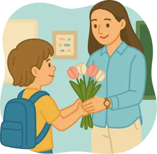 Ai generated Teacher appreciation Child with bouquet Stickdatei