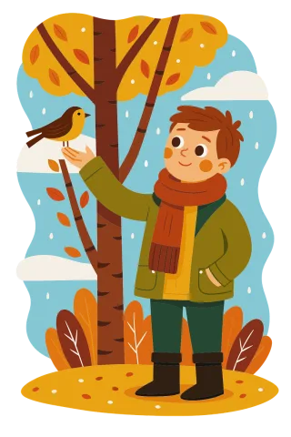 Autumn scene Cartoon boy Feeding bird Stickdatei