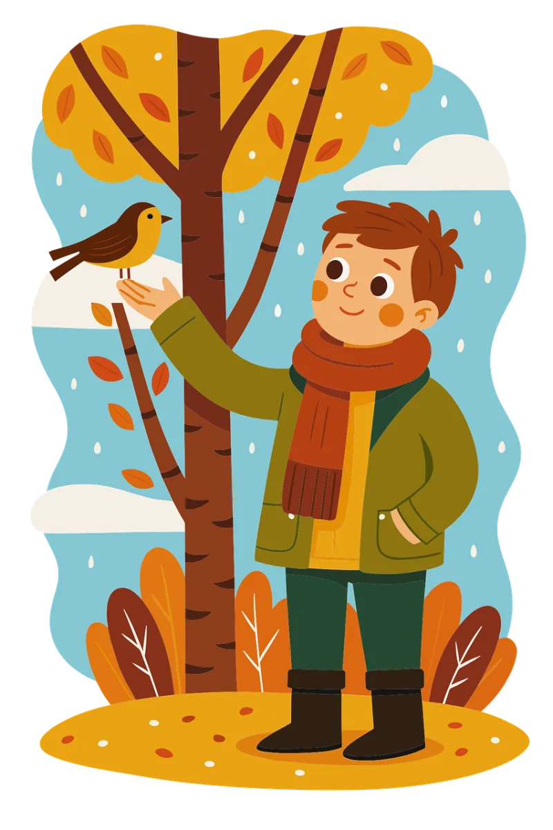 Autumn scene Cartoon boy Feeding bird Stickdatei – Weihnachten
