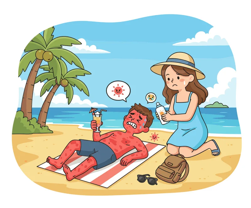 Cartoon beach Sunburn man Woman with sunscreen Stickdatei – Natur