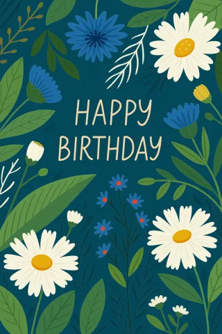 Floral birthday card Dark blue background White daisies Stickdatei