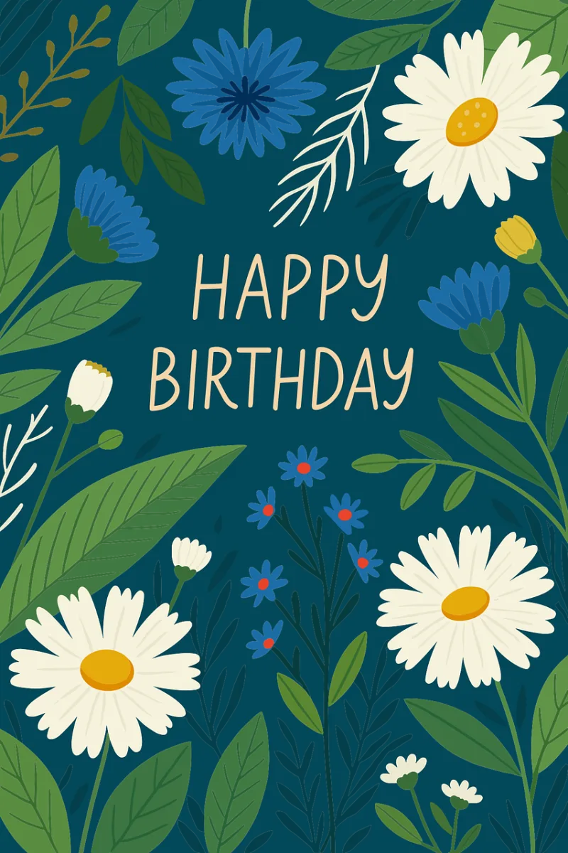 Floral birthday card Dark blue background White daisies Stickdatei – Blumen