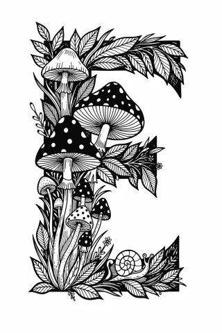 Mushroom letter e Botanical letter e Enchanted forest typography Stickdatei