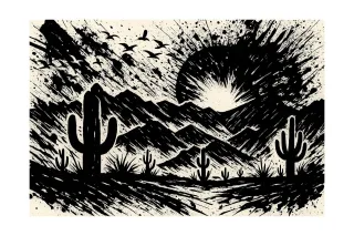 Desert landscape Cactus art Ink splatter Stickdatei