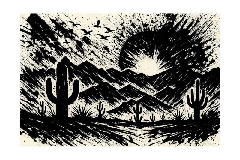 Desert landscape Cactus art Ink splatter Stickdatei – Natur