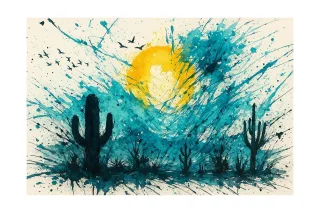 Desert landscape Watercolor art Cactus silhouette Stickdatei