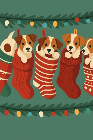 Christmas puppies Cute dog illustration Holiday stockings art Stickdatei