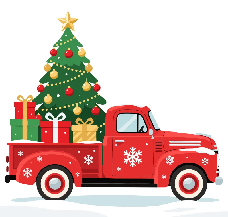 Christmas truck Red vintage truck Holiday pickup truck Stickdatei – Fahrzeuge